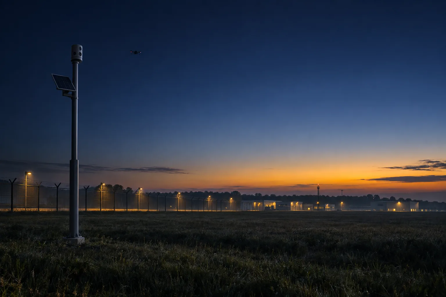 A solar Watchpost sensor on a pole beside a facility's perimeter fence at dusk, with a drone in the sky