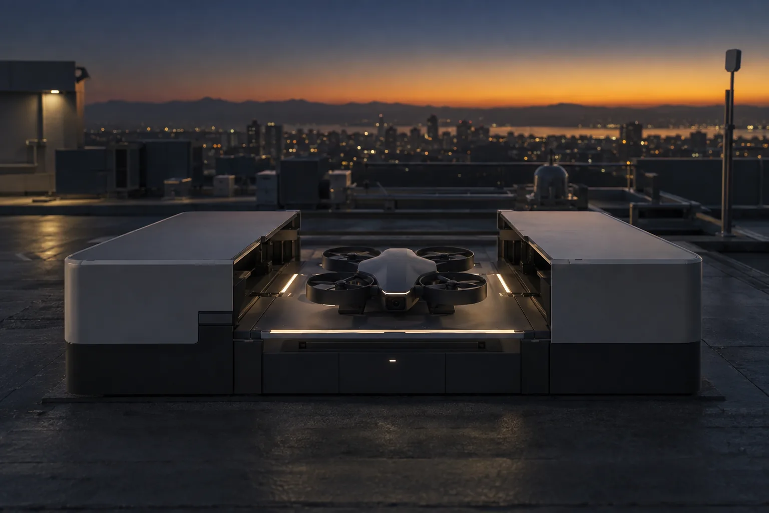A Hive drone dock with an open lid on a building rooftop at dusk