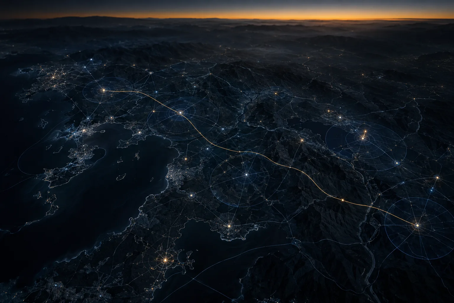 Aerial night map with sensor nodes and coverage rings linked into a mesh, with one amber drone track crossing it