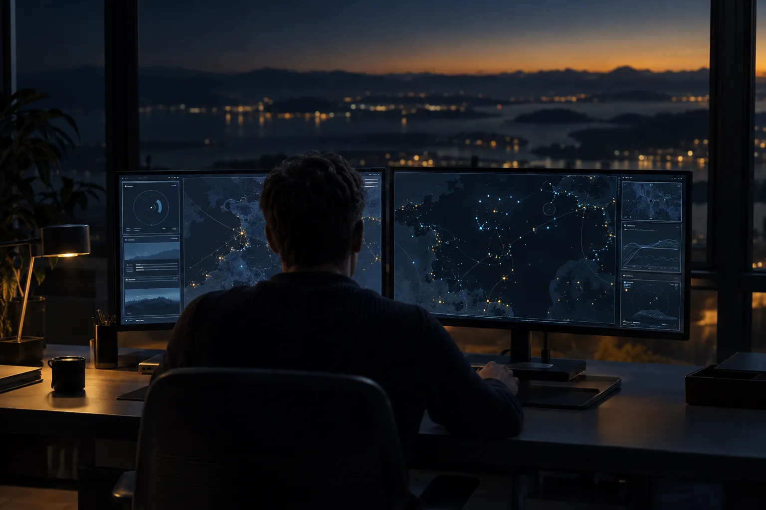 An operator at a desk watching Pathfinder maps and tracks on two monitors at night