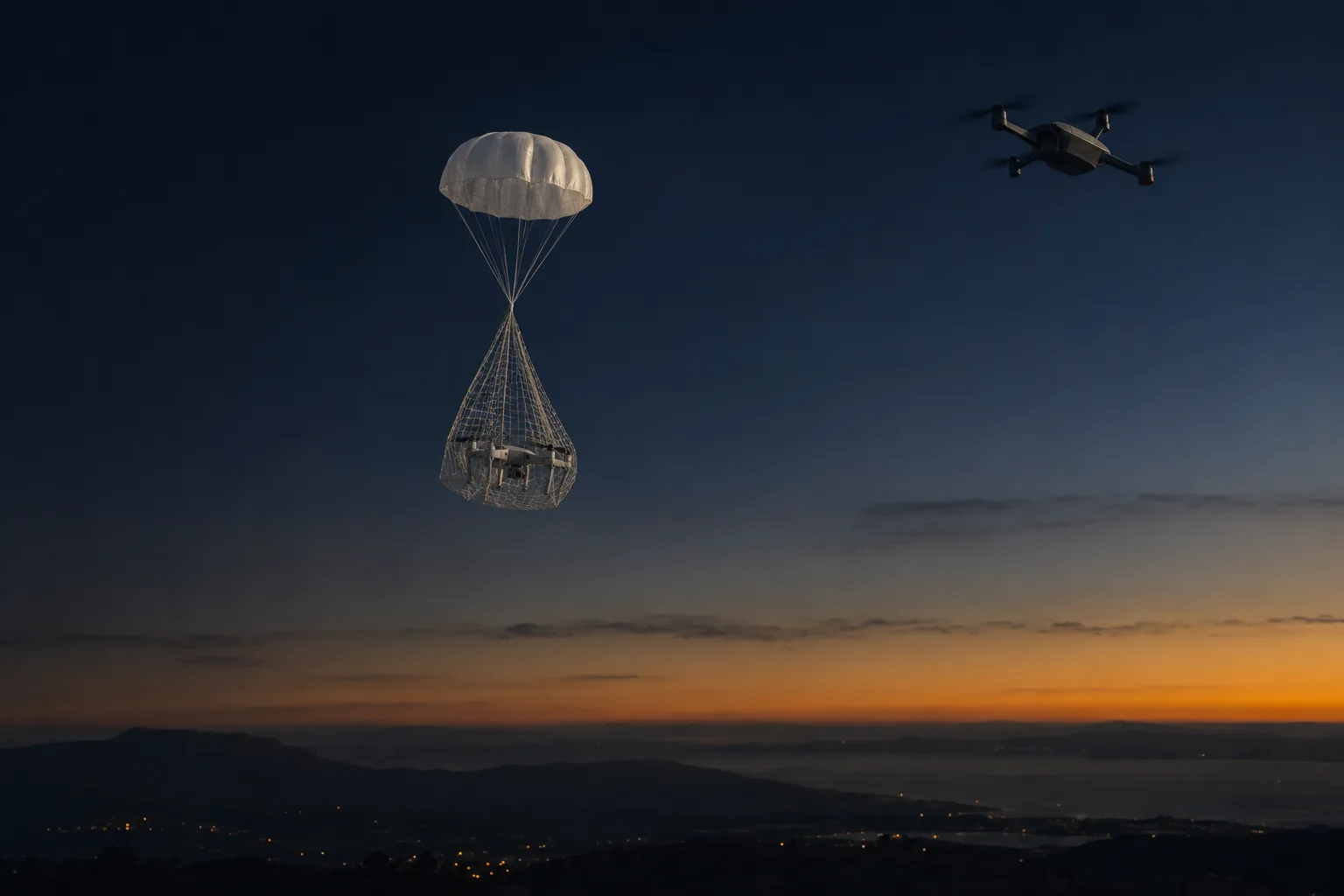 A captured drone wrapped in a net, descending under a white parachute at dusk