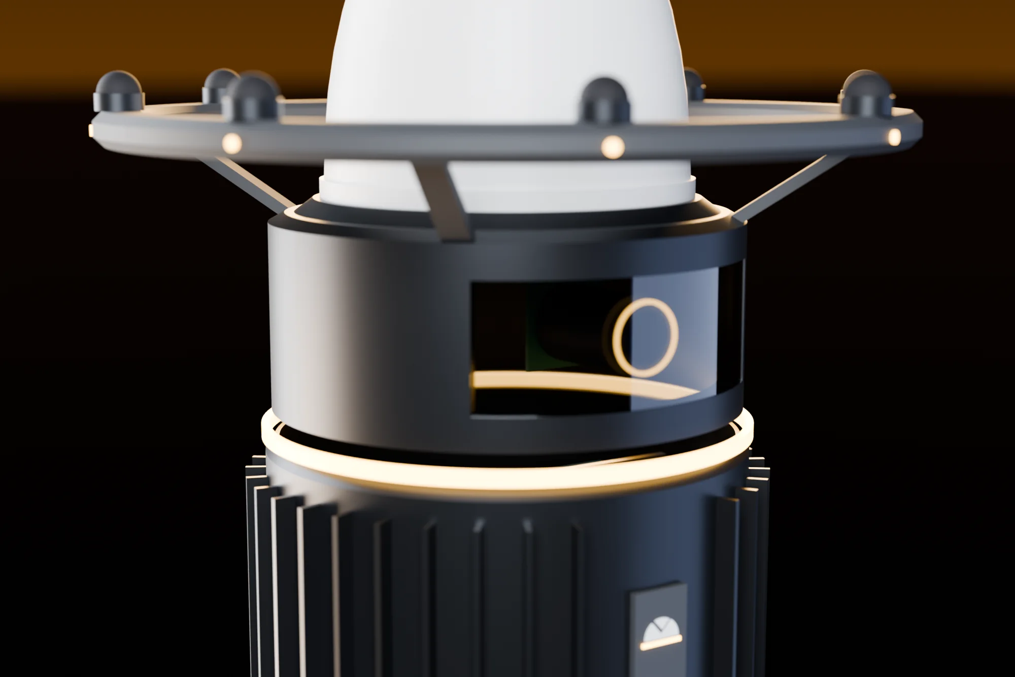 Close-up of the Watchpost sensor core: smoked camera window with an amber ring, amber light seam and the microphone halo